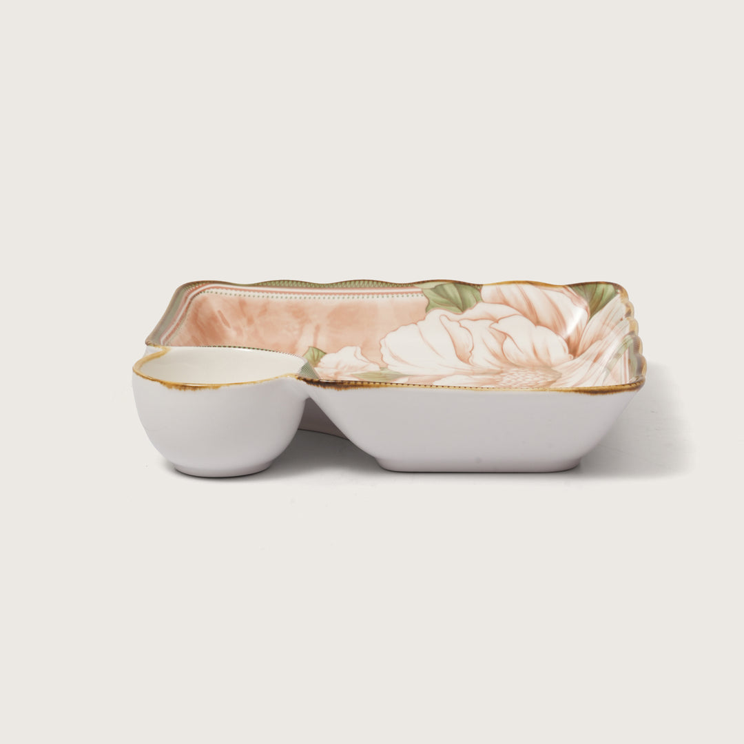 Scalloped Edge Floral Print Snack Tray with Dip Bowl
