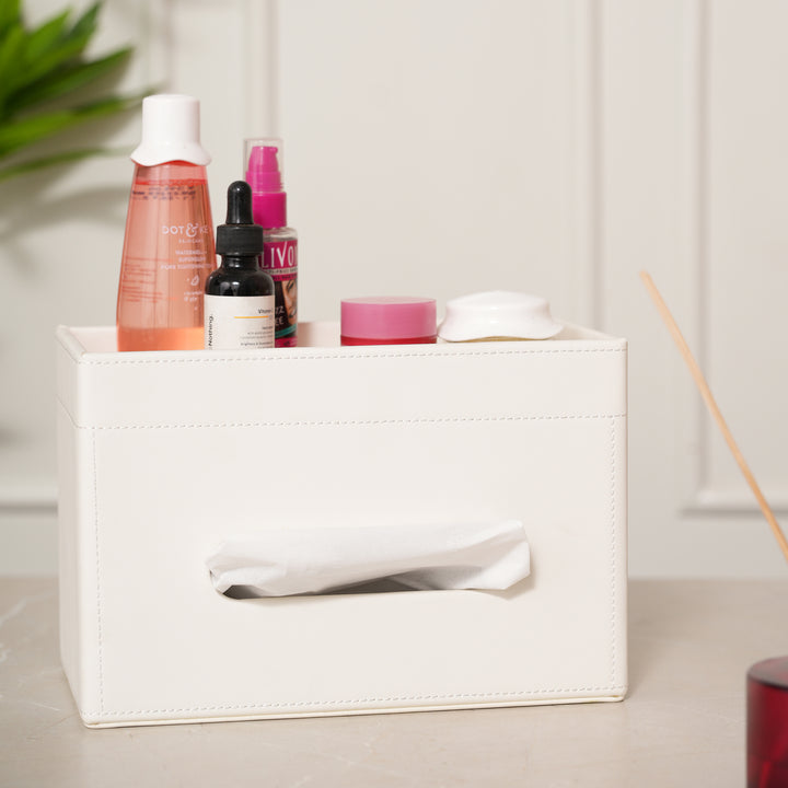 Tissue Box Holder with Storage Organiser - White