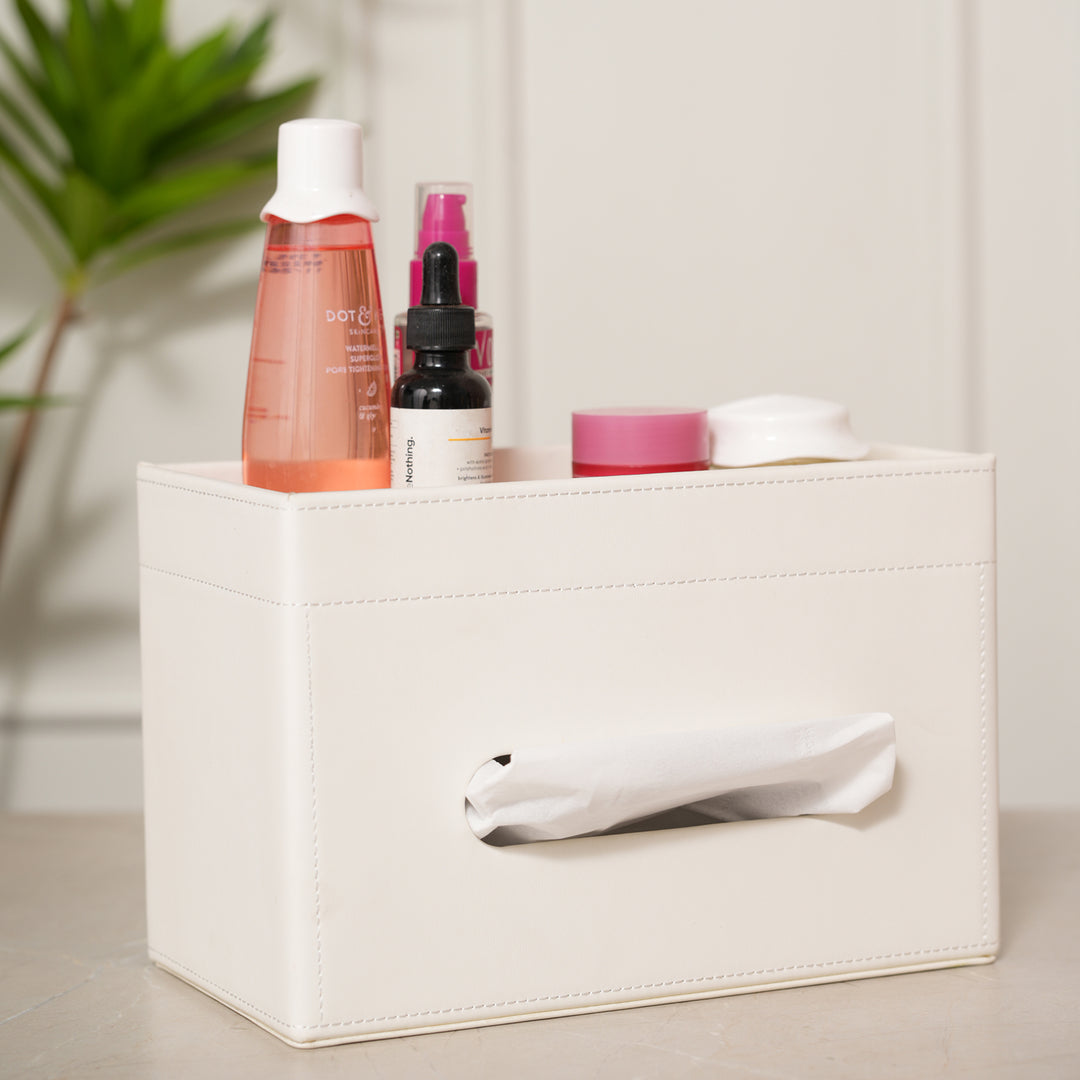 Tissue Box Holder with Storage Organiser - White