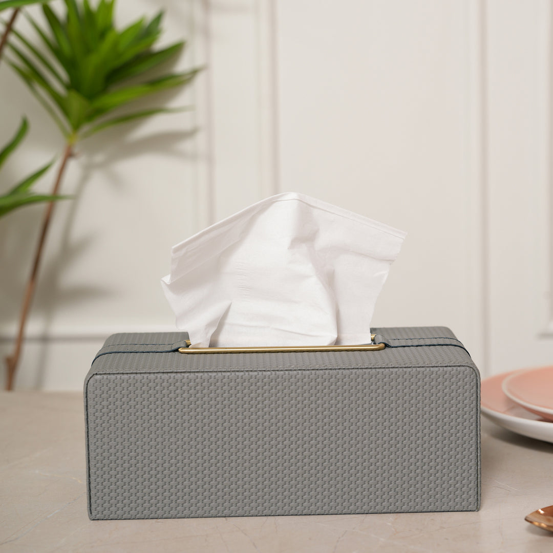 Lux Leather Tissue Box Holder with Golden Metal Trim