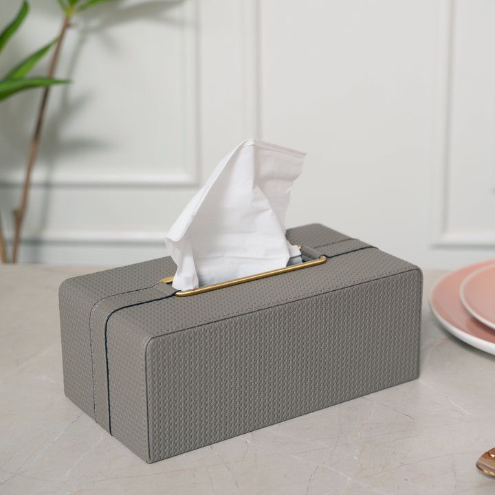 Lux Leather Tissue Box Holder with Golden Metal Trim