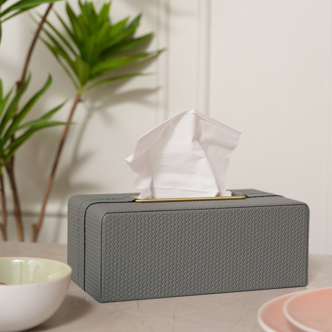 Lux Leather Tissue Box Holder with Golden Metal Trim