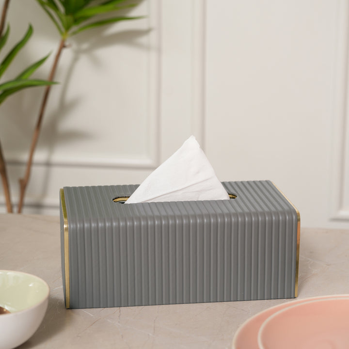 Leather Tissue Box Holder Ribbed - Grey with Golden Trim