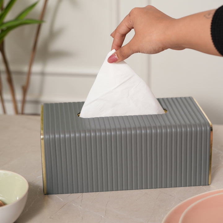 Leather Tissue Box Holder Ribbed - Grey with Golden Trim