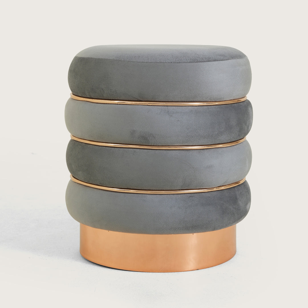 Stylish Velvet Round & Copper Bands Ottomans Footstools | Pouffe | Grey