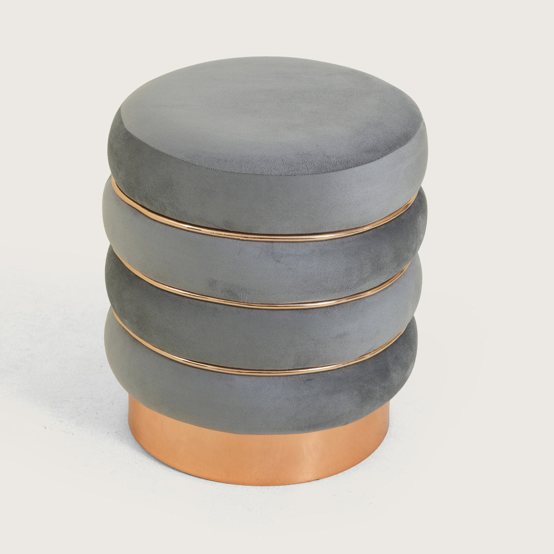 Stylish Velvet Round & Copper Bands Ottomans Footstools | Pouffe | Grey