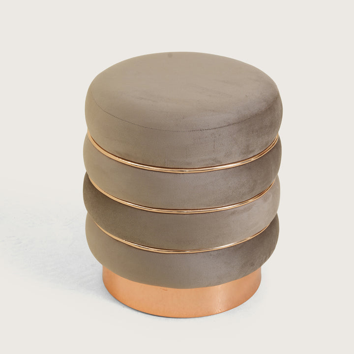 Stylish Velvet Round & Copper Bands Ottomans Footstools | Pouffe | Taupe