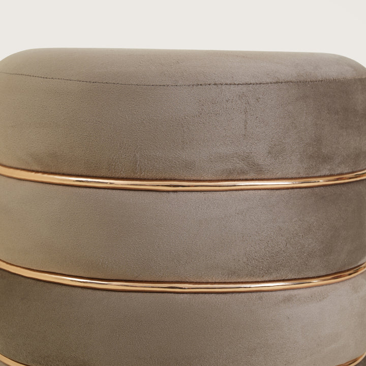 Stylish Velvet Round & Copper Bands Ottomans Footstools | Pouffe | Taupe