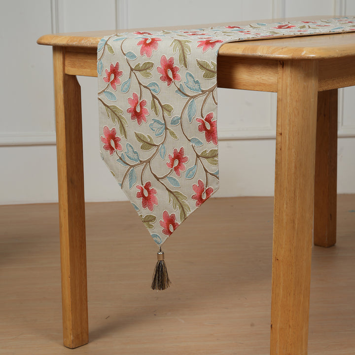 Decorative Table Runner with Tassels - Red Floral