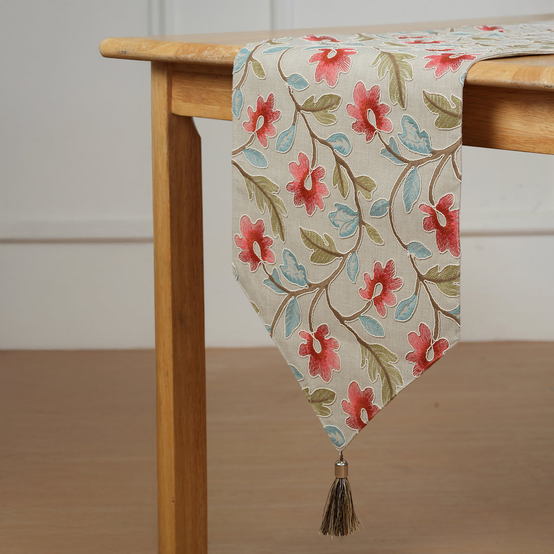 Decorative Table Runner with Tassels - Red Floral