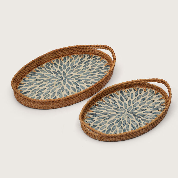 Oval Stone Art Tray with Blue Petal - Medium