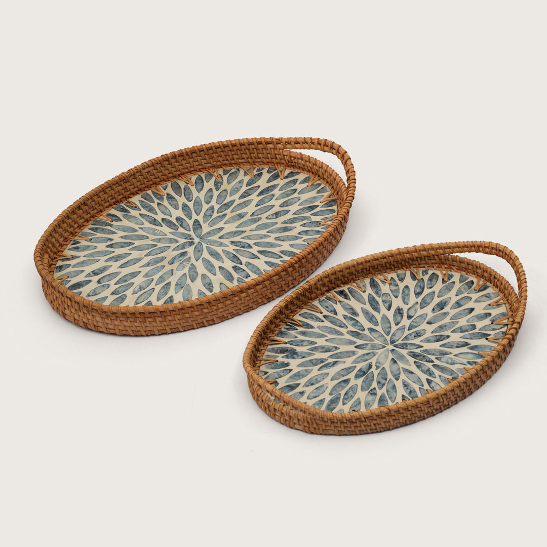 Oval Stone Art Tray with Blue Petal - Large