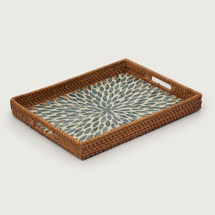 Rectangular Stone Art Tray with Blue Petal - Medium