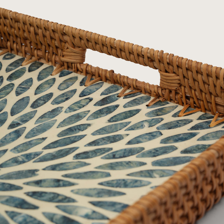 Rectangular Stone Art Tray with Blue Petal - Medium
