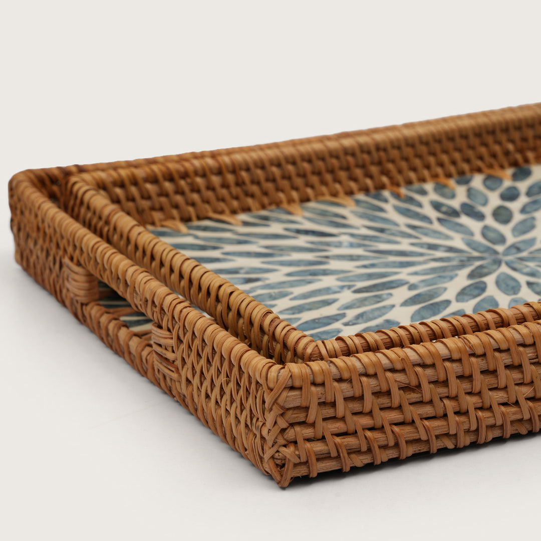 Rectangular Stone Art Tray with Blue Petal - Medium