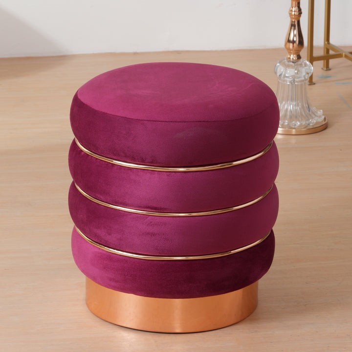 Stylish Velvet Round & Copper Bands Ottomans Footstools | Pouffe | Burgundy