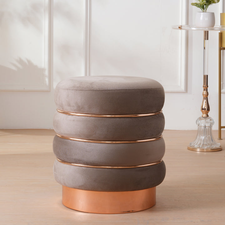 Stylish Velvet Round & Copper Bands Ottomans Footstools | Pouffe | Taupe
