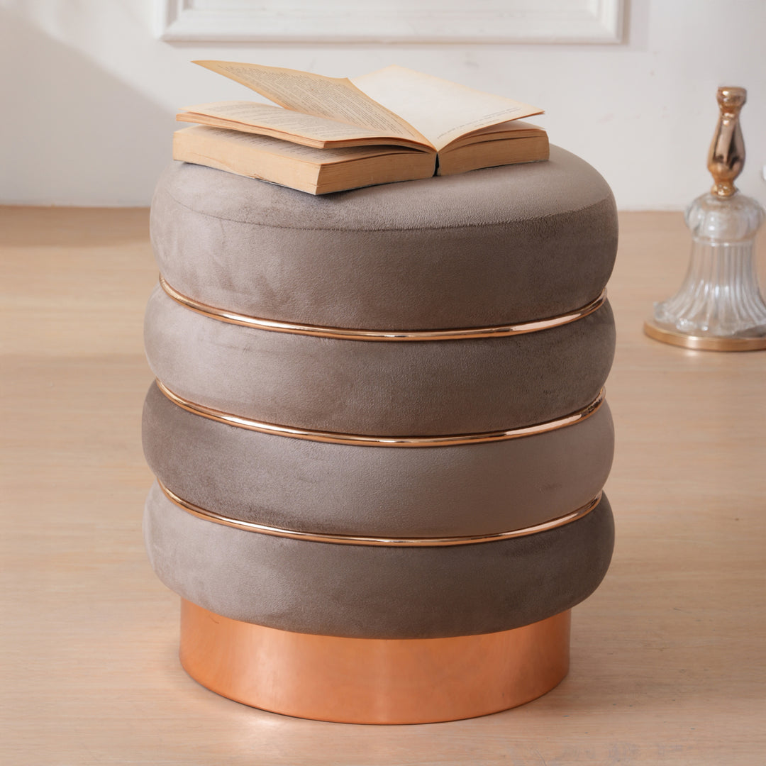 Stylish Velvet Round & Copper Bands Ottomans Footstools | Pouffe | Taupe