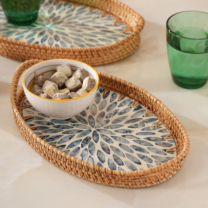 Oval Stone Art Tray with Blue Petal - Medium