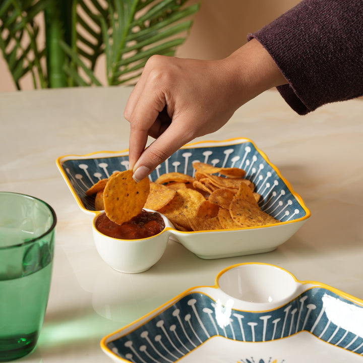 Navy & Yellow Scalloped Edge Snack Platter with Dip Bowl