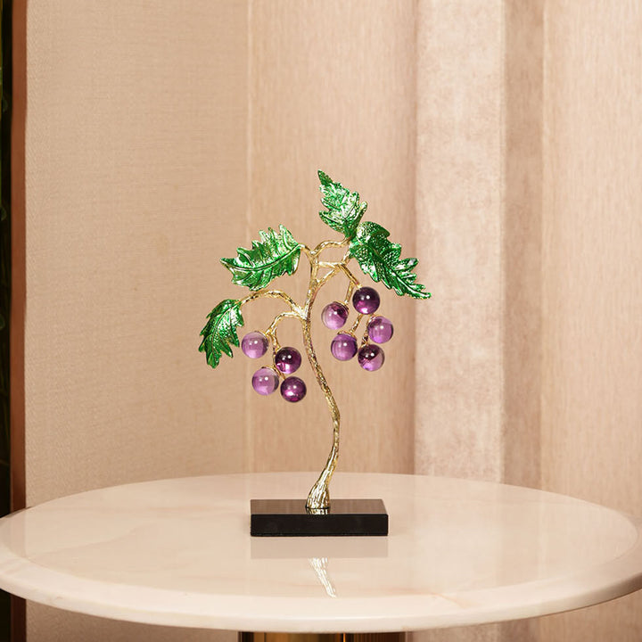 Crystal Grape Cluster with Green Leaves Showpiece