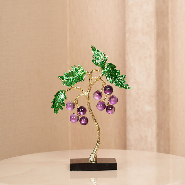 Crystal Grape Cluster with Green Leaves Showpiece