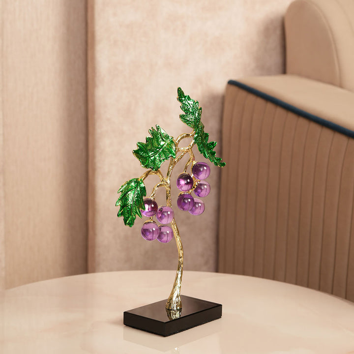 Crystal Grape Cluster with Green Leaves Showpiece