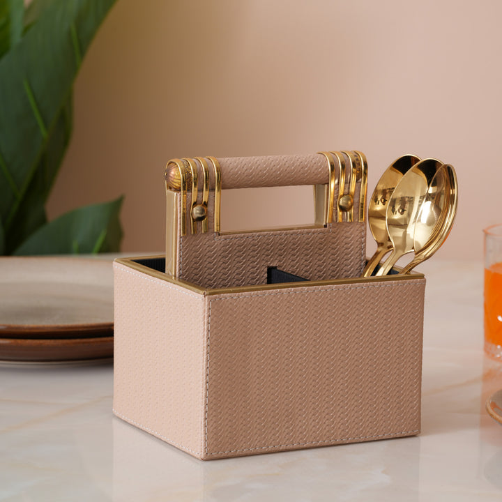 Leather Cutlery Stand With 4 Compartment