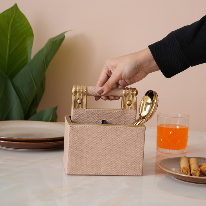Leather Cutlery Stand With 4 Compartment