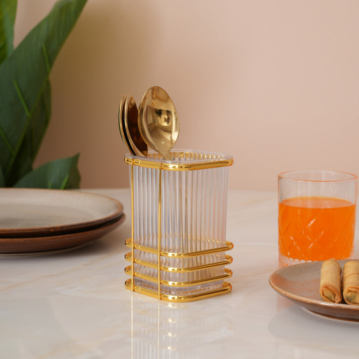 Square Cutlery Stand With Gold Finish