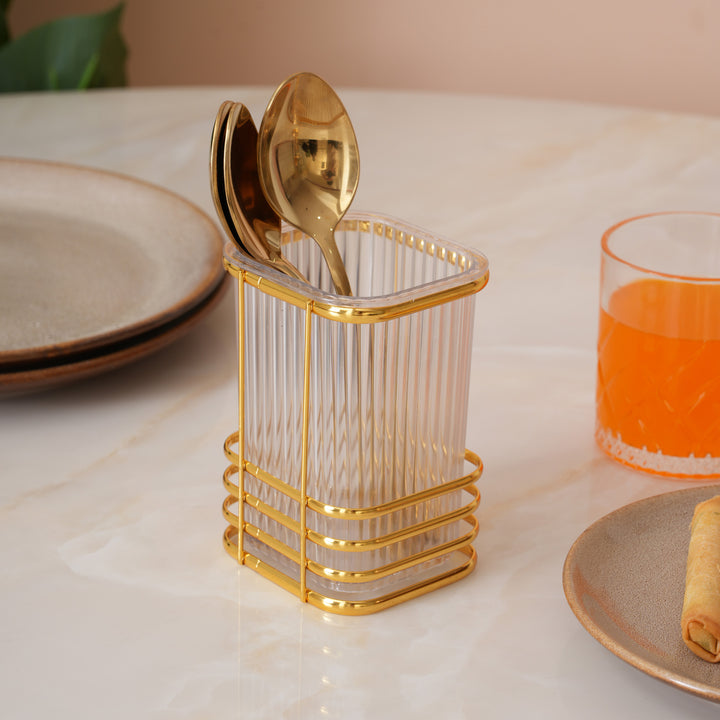 Square Cutlery Stand With Gold Finish