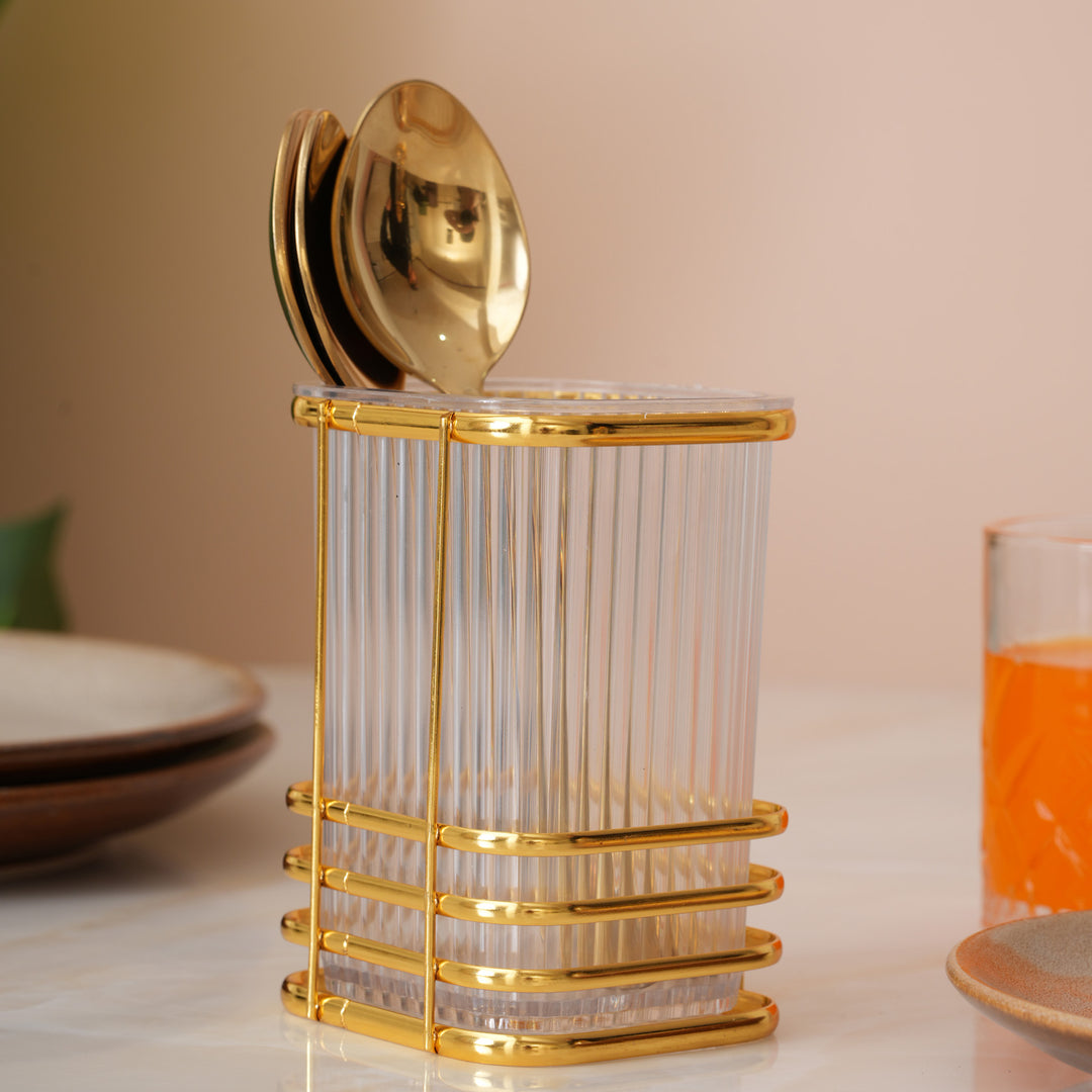 Square Cutlery Stand With Gold Finish