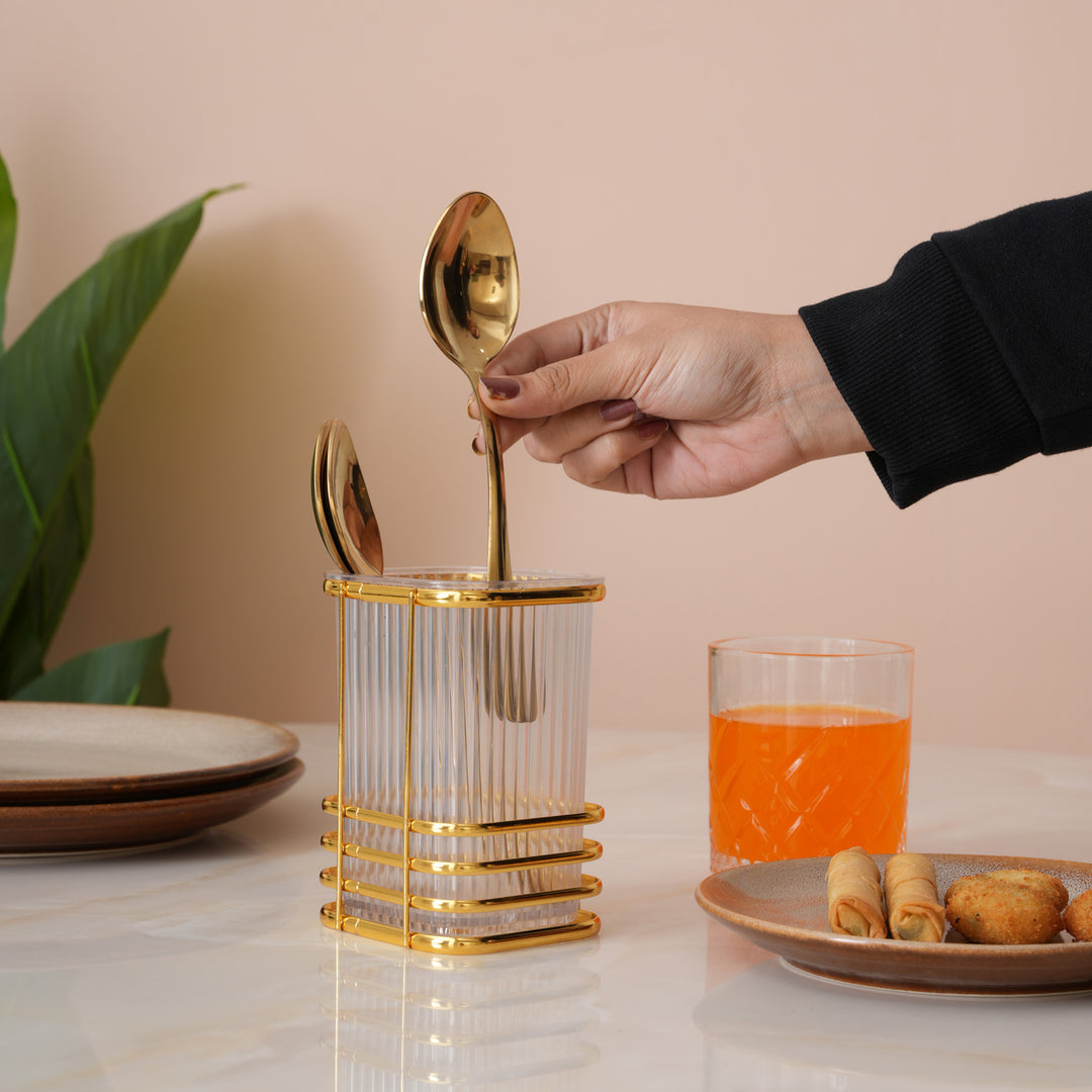 Square Cutlery Stand With Gold Finish