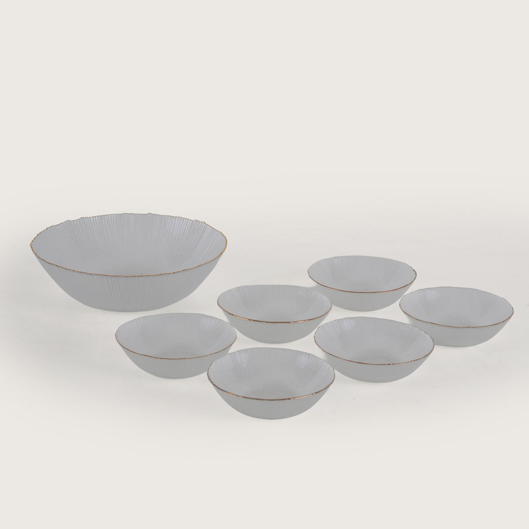 Scalloped Glass Serving Bowl + 6 Dal Bowls Set
