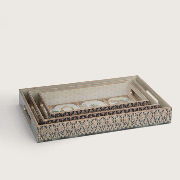 Printed Mor Pankh Tray - Set of 3