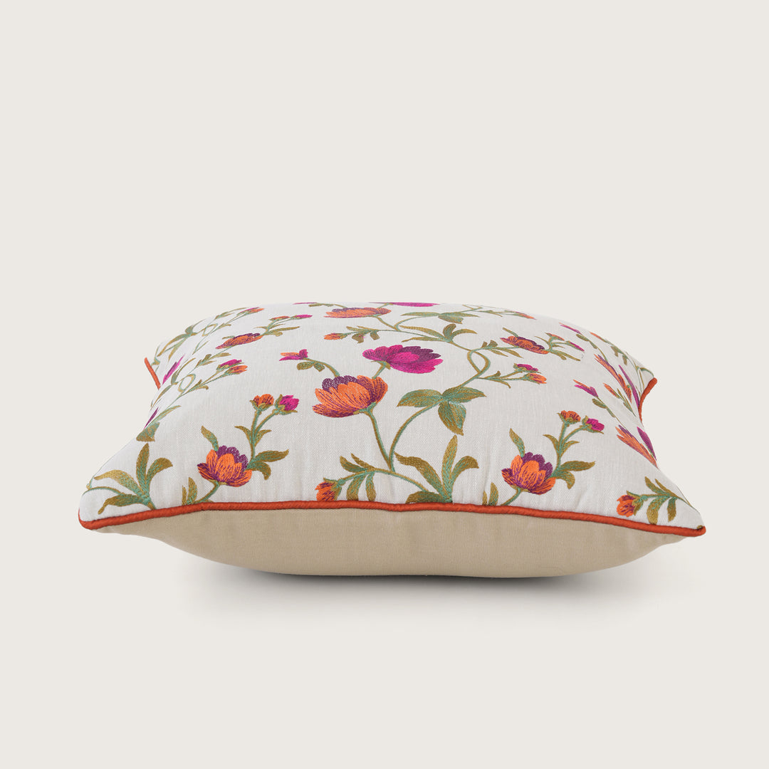 Embroidered Orange Floral Vine Cushion Cover