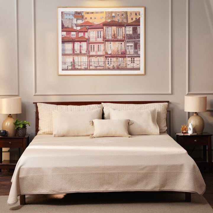 Solace Double Bed Cover with 2 Pillow Cover and 1 highlighter cushion - Beige