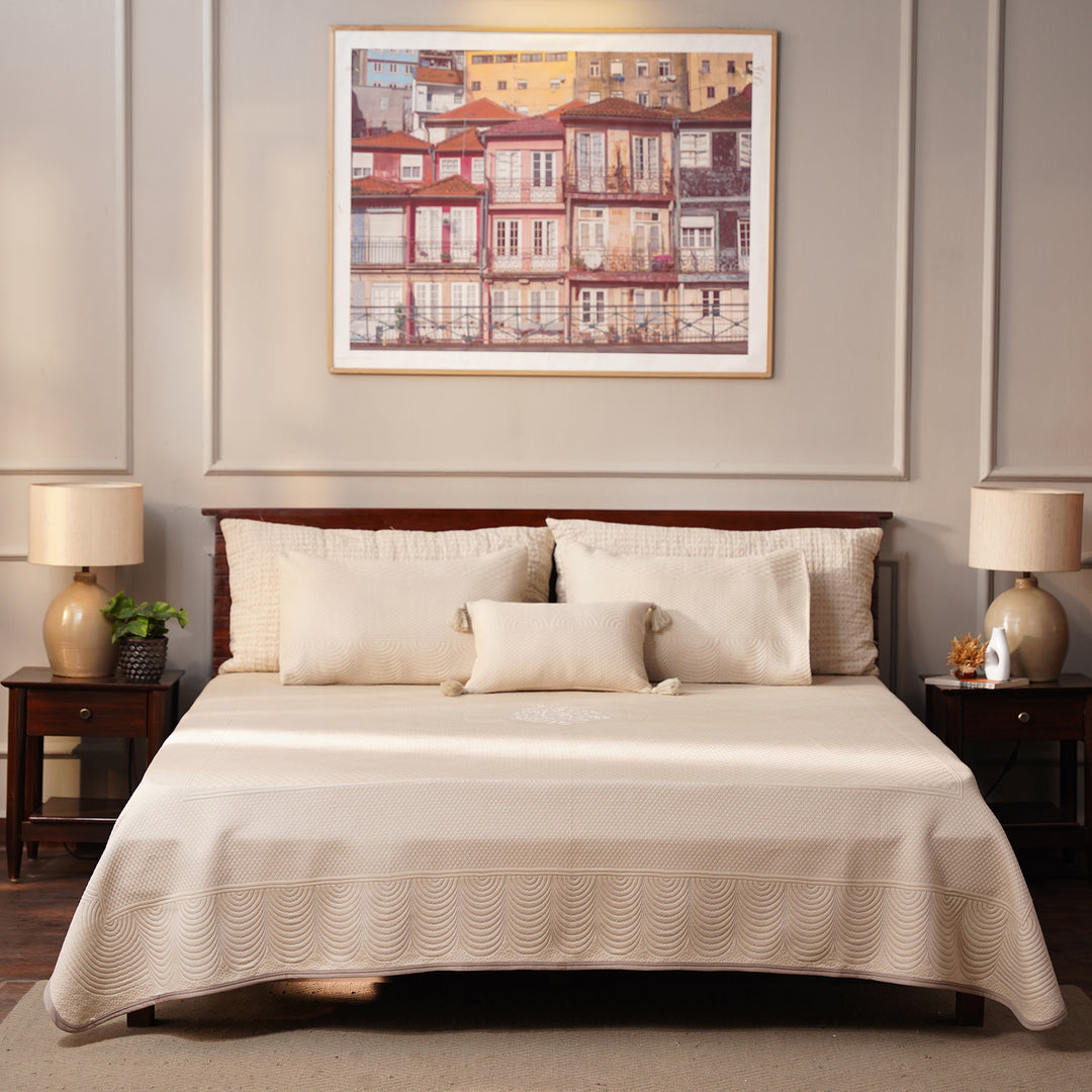 Solace Double Bed Cover with 2 Pillow Cover and 1 highlighter cushion - Beige