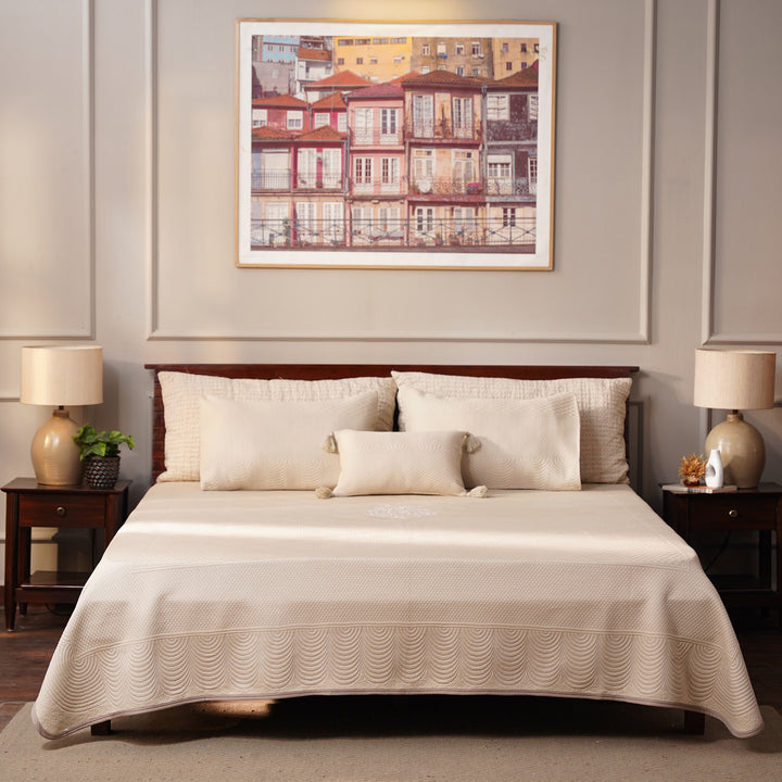 Solace Double Bed Cover with 2 Pillow Cover and 1 highlighter cushion - Beige