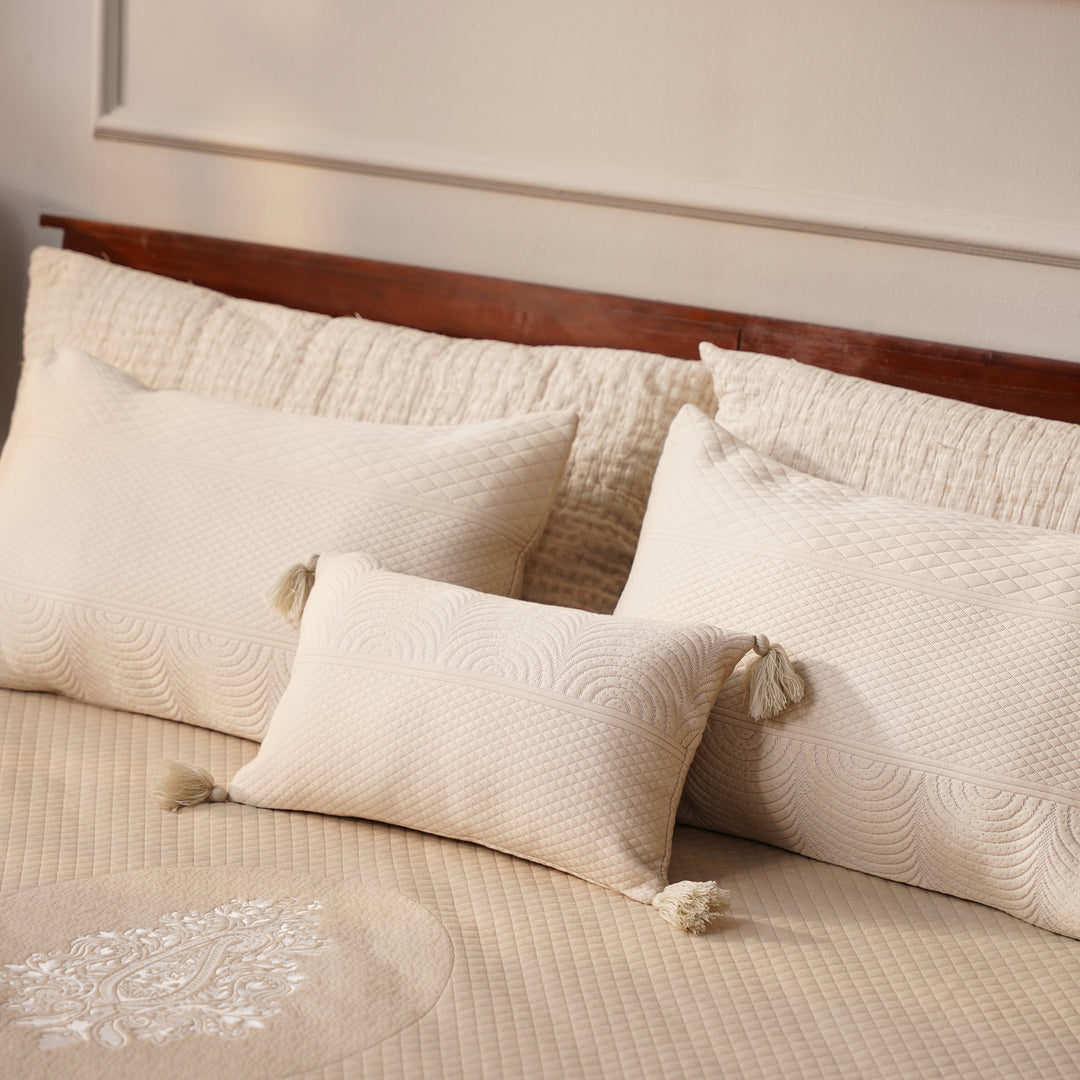 Solace Double Bed Cover with 2 Pillow Cover and 1 highlighter cushion - Beige
