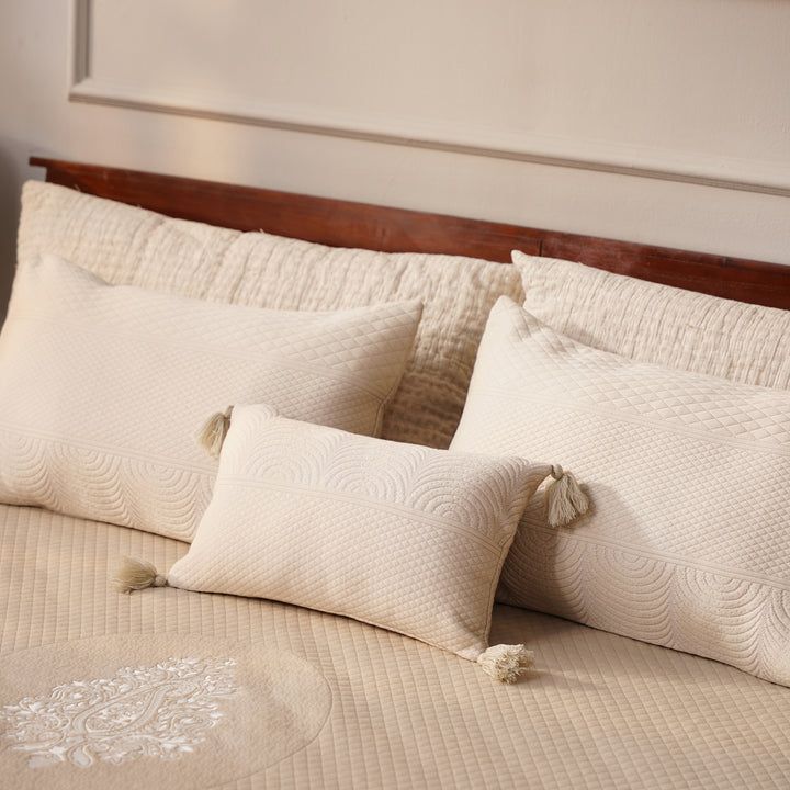 Solace Double Bed Cover with 2 Pillow Cover and 1 highlighter cushion - Beige