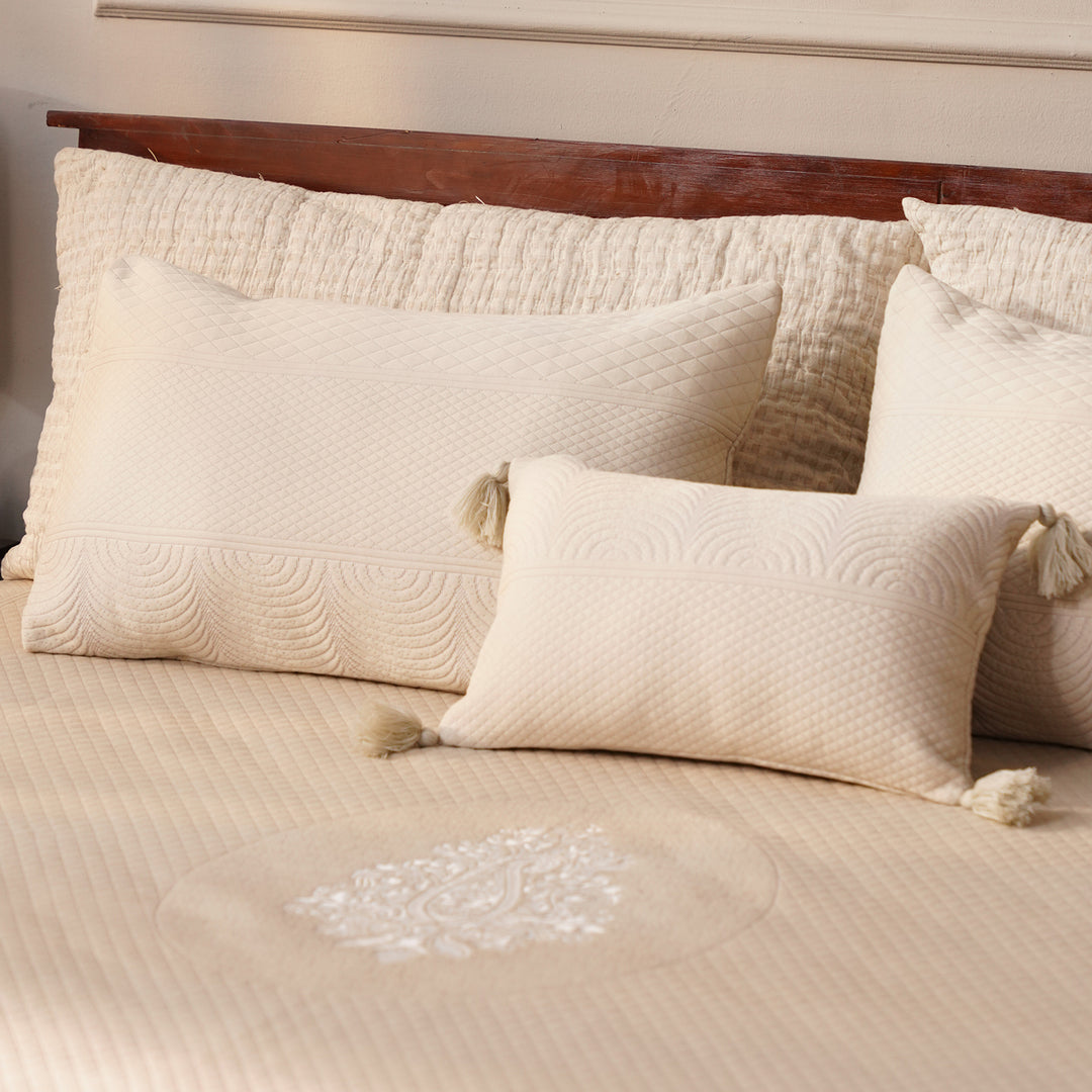 Solace Double Bed Cover with 2 Pillow Cover and 1 highlighter cushion - Beige