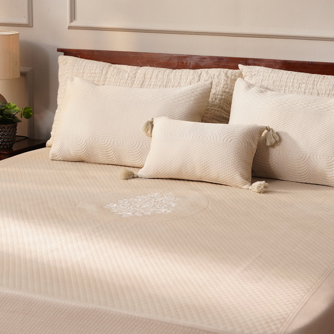 Solace Double Bed Cover with 2 Pillow Cover and 1 highlighter cushion - Beige