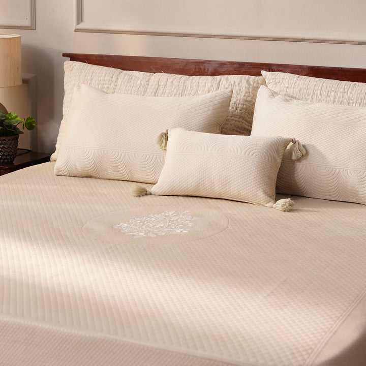 Solace Double Bed Cover with 2 Pillow Cover and 1 highlighter cushion - Beige