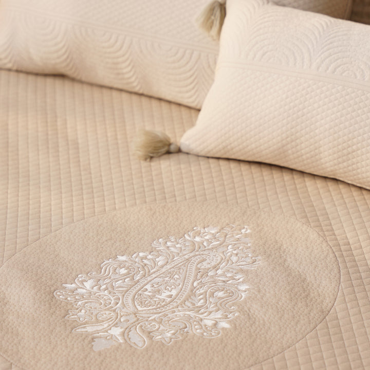 Solace Double Bed Cover with 2 Pillow Cover and 1 highlighter cushion - Beige