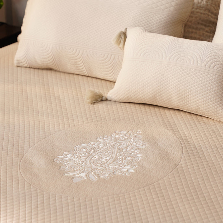 Solace Double Bed Cover with 2 Pillow Cover and 1 highlighter cushion - Beige