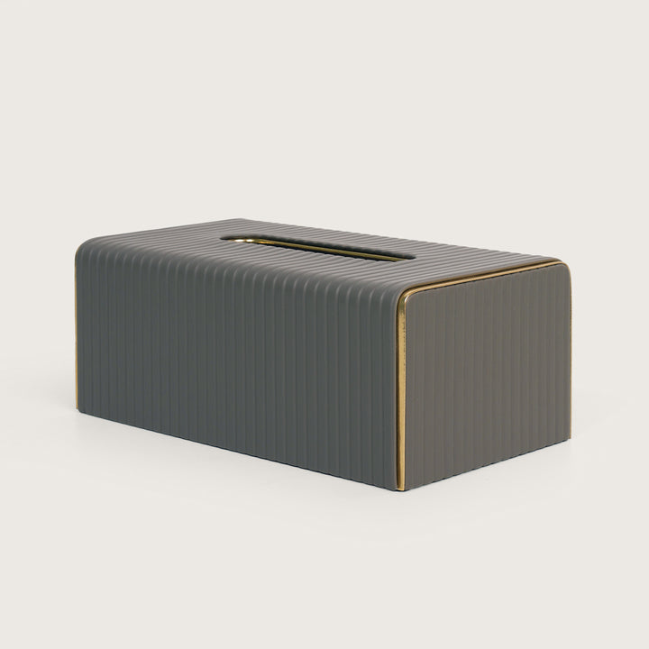 Leather Tissue Box Holder Ribbed - Grey with Golden Trim