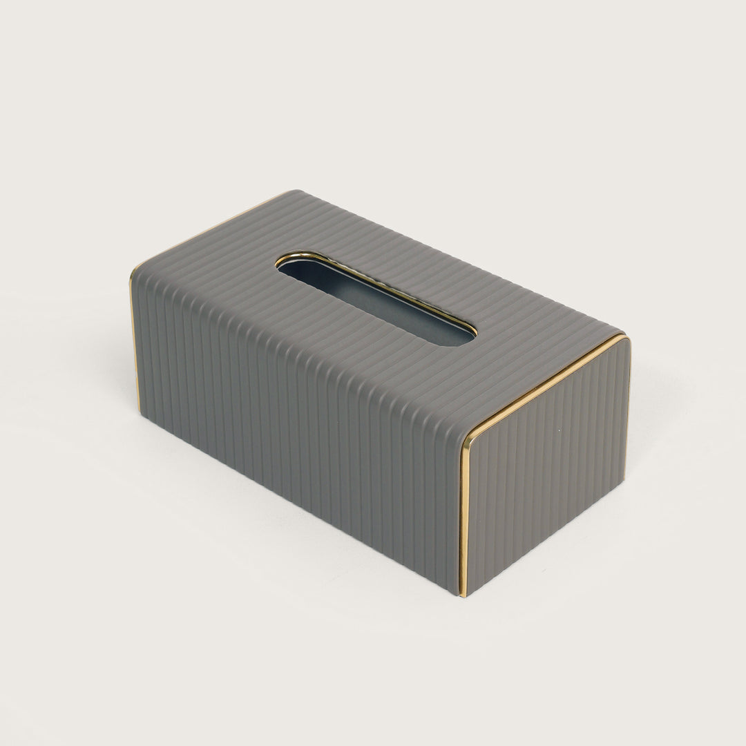 Leather Tissue Box Holder Ribbed - Grey with Golden Trim