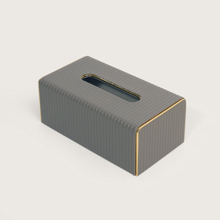 Leather Tissue Box Holder Ribbed - Grey with Golden Trim