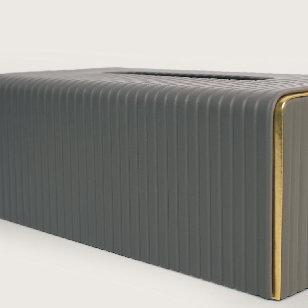 Leather Tissue Box Holder Ribbed - Grey with Golden Trim